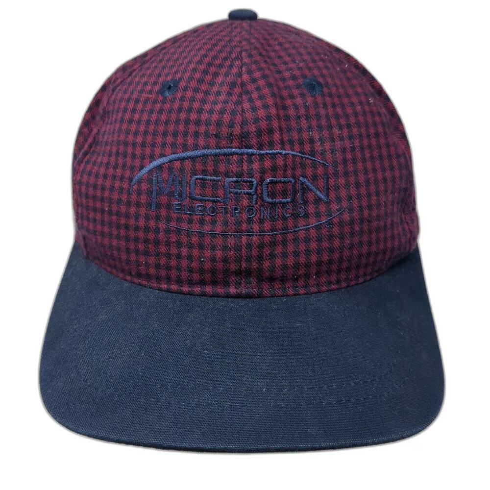 Port Authority Cap Red Blue OS Micron Electronics Houndstooth Hat Vintage